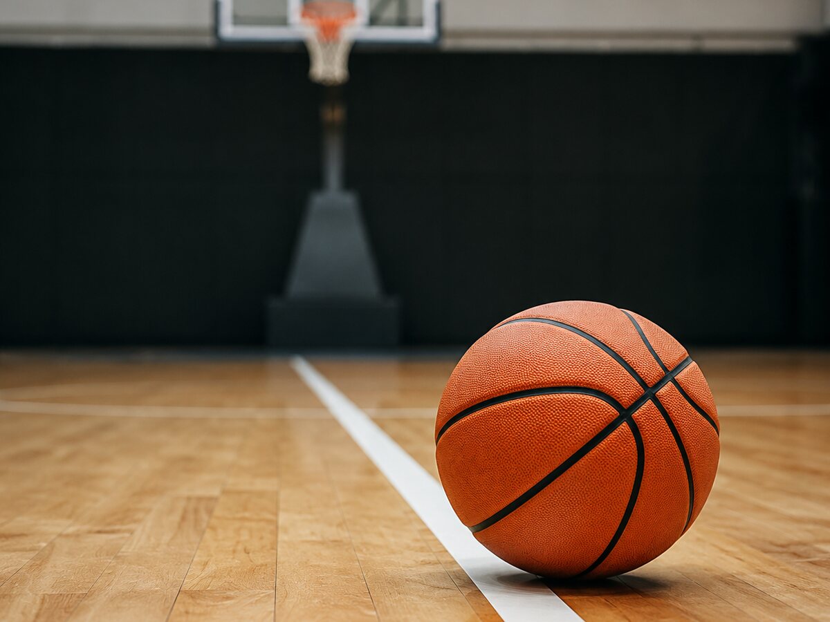 Ballon de basket-ball posé près d’une ligne du terrain